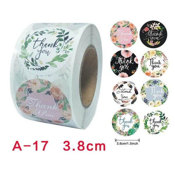 3.8cm Round Floral Wreath Thank You Stickers - 6 Designs 50pk