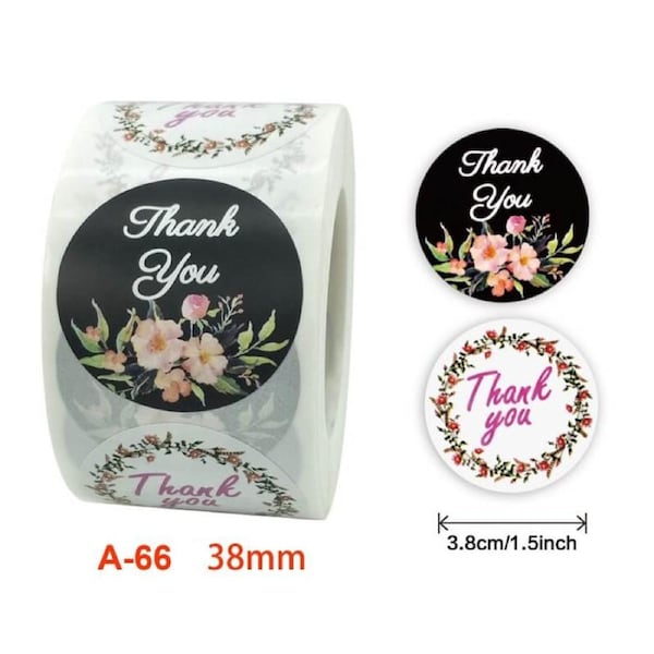 3.8cm Black White Peony Wreath Thank You Stickers 50pk
