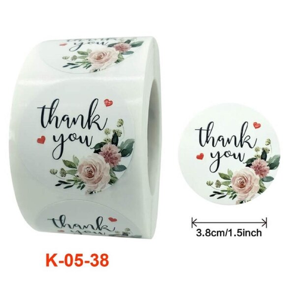 3.8cm Round Rose Bouquet Thank You Stickers 50pk