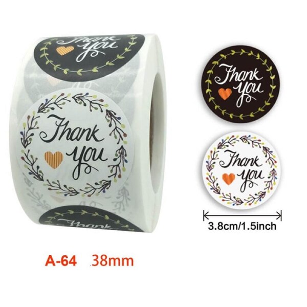 3.8cm Round Floral Wreath Thank You Stickers 50pk