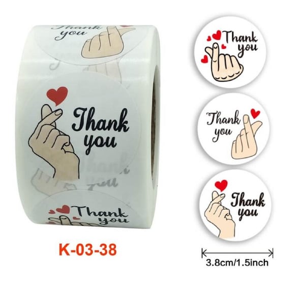 3.8cm White Thank You Korean Finger Heart Stickers 50pk