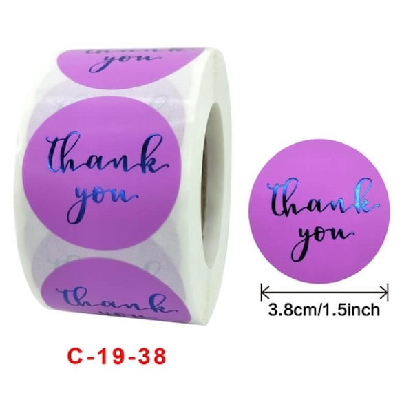 3.8cm Round Purple Thank You Blue Print Stickers 50pk