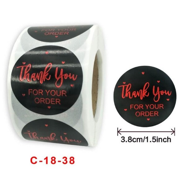 3.8cm Black Thank You For Your Order Red Heart Stickers 50pk