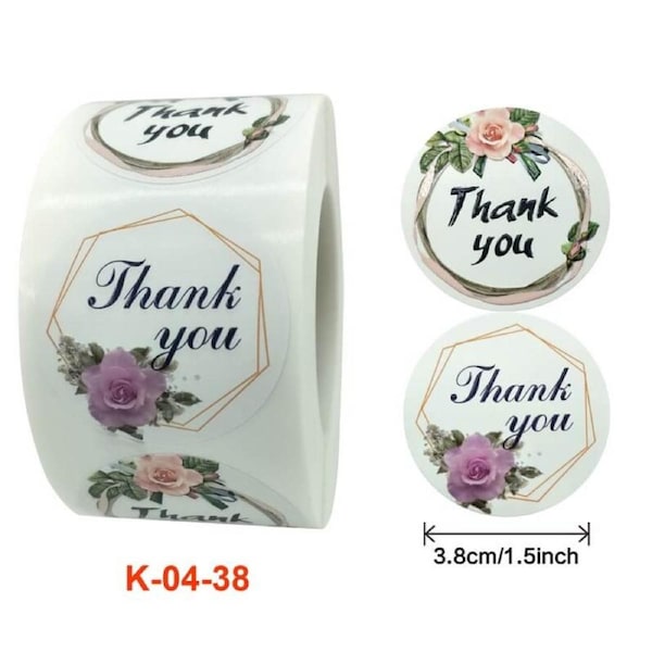 3.8cm Round Rose Wreath Thank You Stickers 2 Designs 5pk