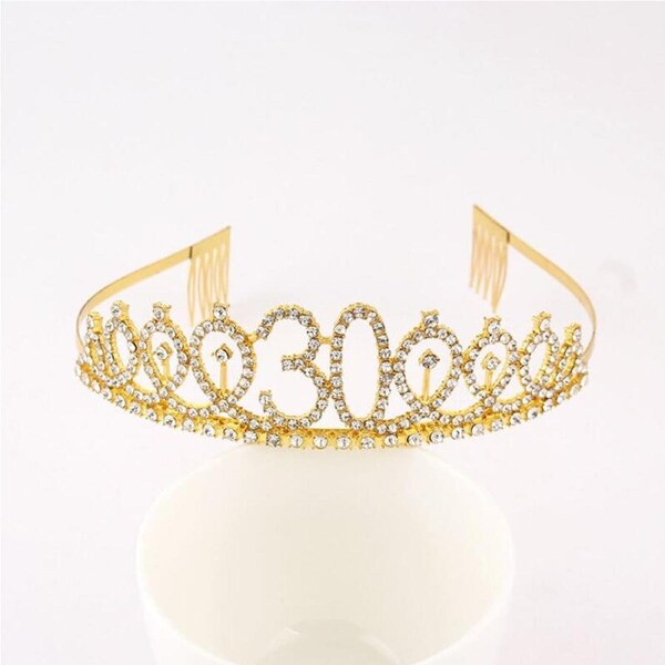 Gold Metal Rhinestone Happy 30th Birthday Tiara