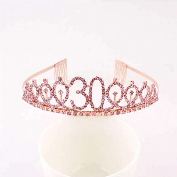 Rose Gold Metal Rhinestone Happy 30th Birthday Tiara