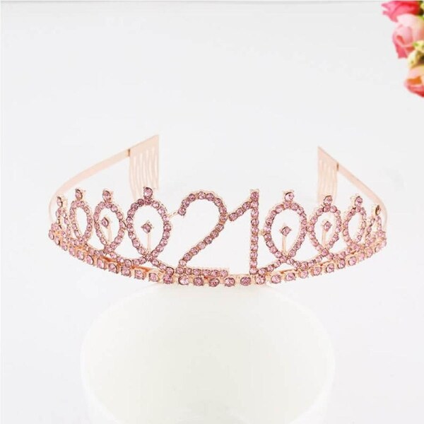 Metal Rhinestone Happy 21st Birthday Tiara - Rose Gold