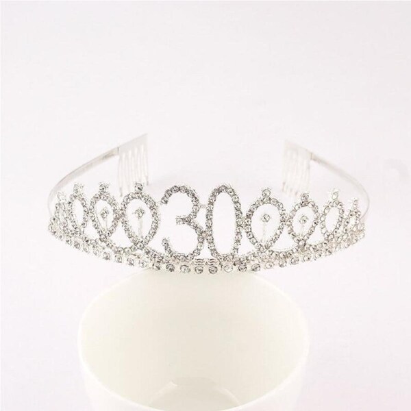 Metal Silver Rhinestone Happy 30th Birthday Tiara
