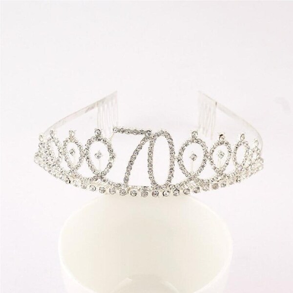 Silver Metal Rhinestone Happy 70th Birthday Tiara