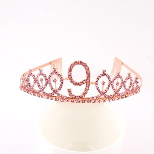 Rose Gold Metal Rhinestone Age 9 Birthday Princess Tiara