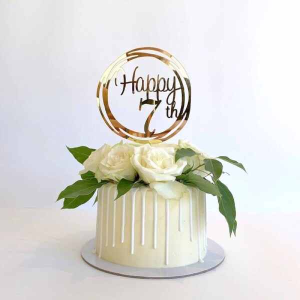 Acrylic Gold 'Happy 7th' Geometric Cake Topper