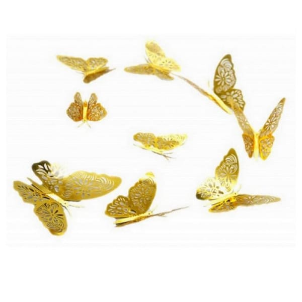 3D Metallic Gold Paper Butterfly Removable Wall Stickers 12pk