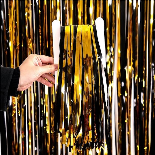 Metallic Black & Gold Tinsel Foil Fringe Rain Curtain