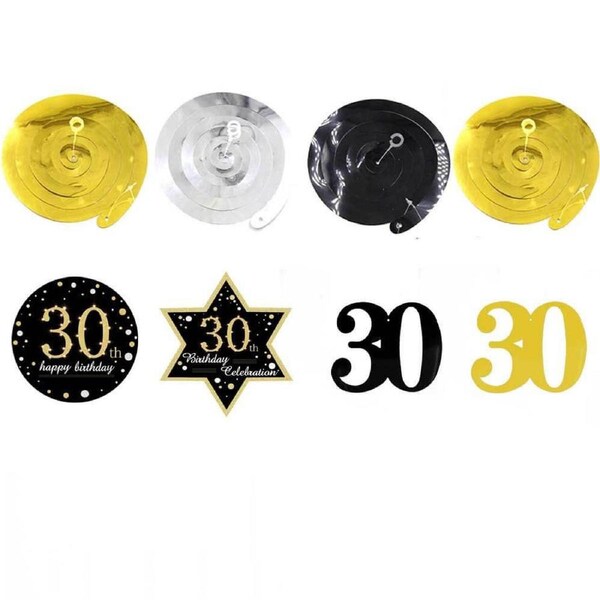 Black Gold Happy 30th Birthday Swirls Party Decorations