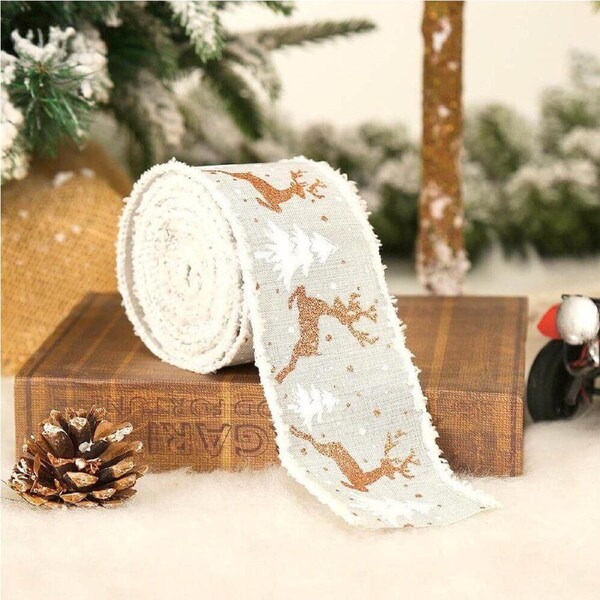 Wired Christmas Tree & Reindeer Burlap Ribbon Roll - Grey