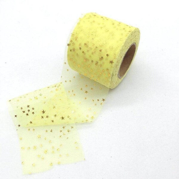 Gold Star Yellow Mesh Organza Ribbon Roll
