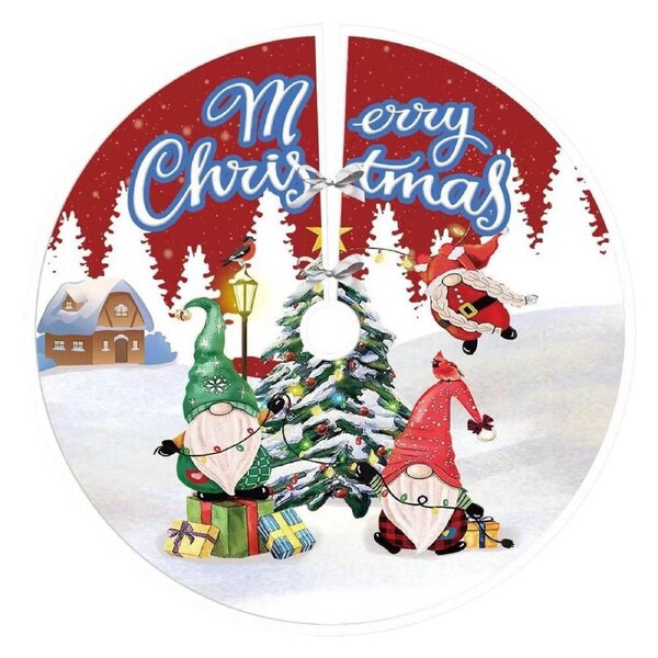 Red & White Merry Christmas Fabric Tree Skirt -Three Playing Gnomes