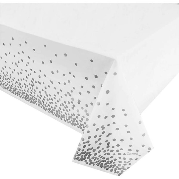Soft Plastic Rectangular Silver Confetti Dot White Table Cover