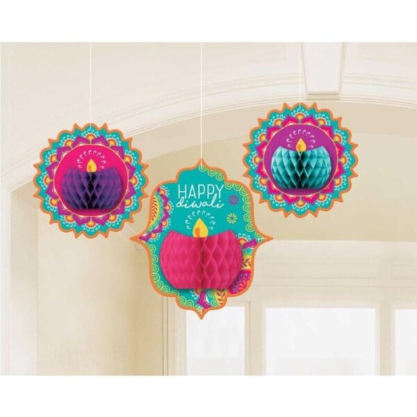Diwali Honeycomb Hanging Decorations 3pk