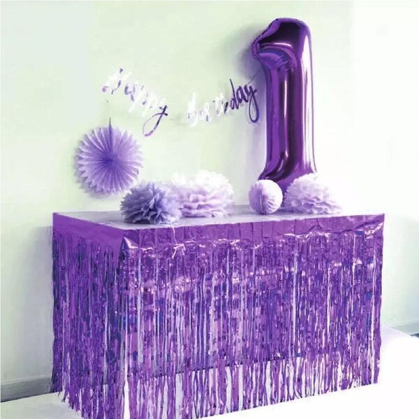 Purple Foil Fringe Table Skirt