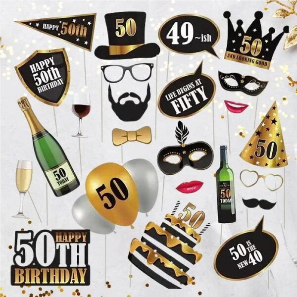 Black & Gold 50th Birthday Photo Props 25pk