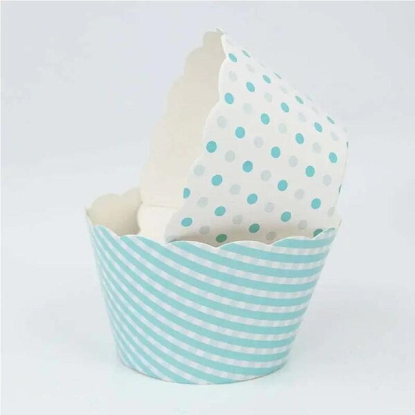 Baby Blue Checked & Polka Dot Cupcake Wraps 8pk