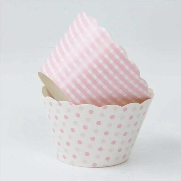 Baby Pink Checked & Polka Dot Cupcake Wraps 8pk