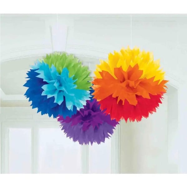 Rainbow Fluffy Tissue Paper Pom Pom Decorations 3pk