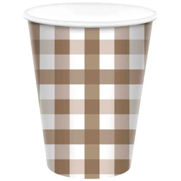 Teddy Brown Gingham Paper Cups 266ml 8pk