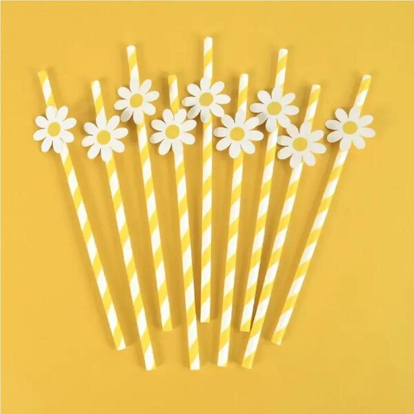 Yellow Striped White Daisy Paper Straws 10pk