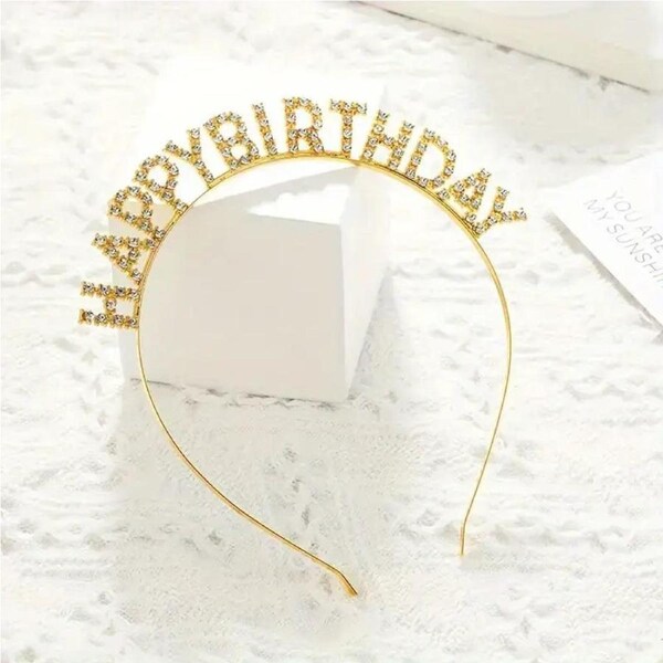 Gold Metal Rhinestone Happy Birthday Princess Tiara