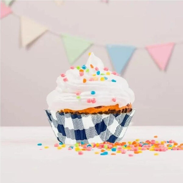 Navy Blue Gingham Paper Cupcake Cases 25pk