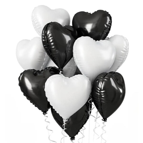 18-inch Black & White Heart Foil Balloon Bouquet 10pk