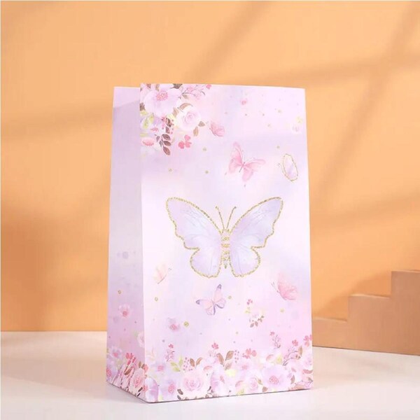 Purple Floral Butterfly Paper Favour Bags w/ Stickers 10pk
