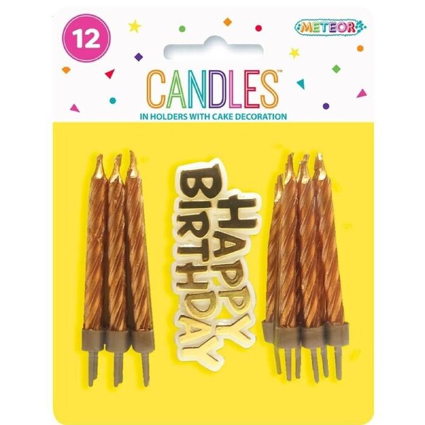Gold Spiral Candles w/ Happy Birthday Decoration 12pk