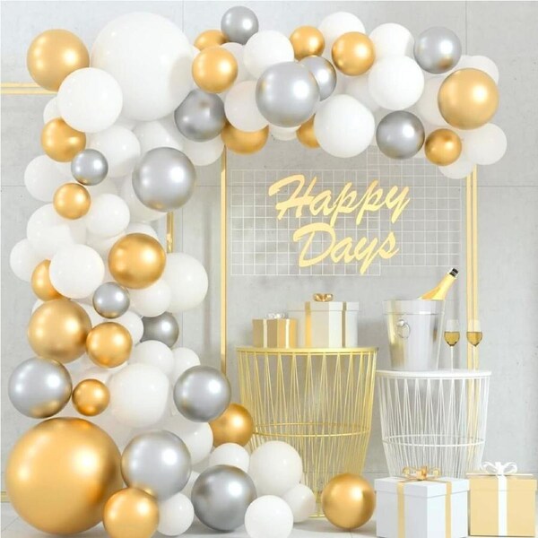 White, Gold & Silver Balloon Garland DIY Kit 107pk