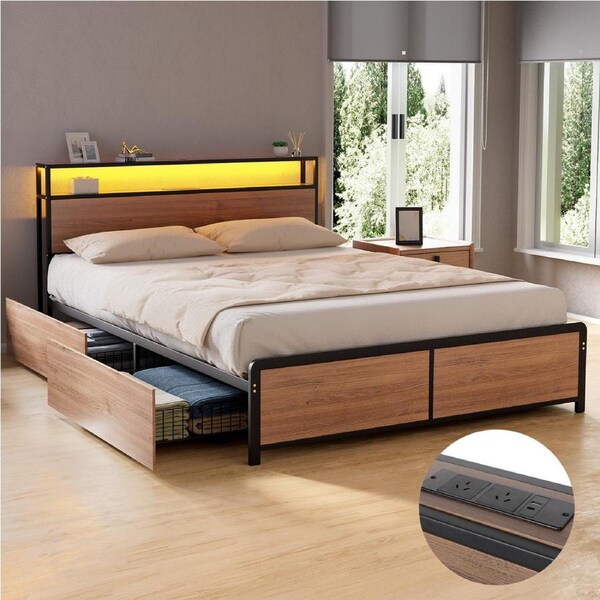 Artiss Bed Frame Metal Double Size LED Storage Headboard USB Charge 4 Drawers