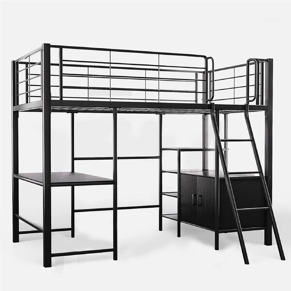 Gaming Loft Bed with Desk and Storage Cabinet, Steel Metal Frame, Space Saving Design, for Single Mattress, Matte Dark Grey