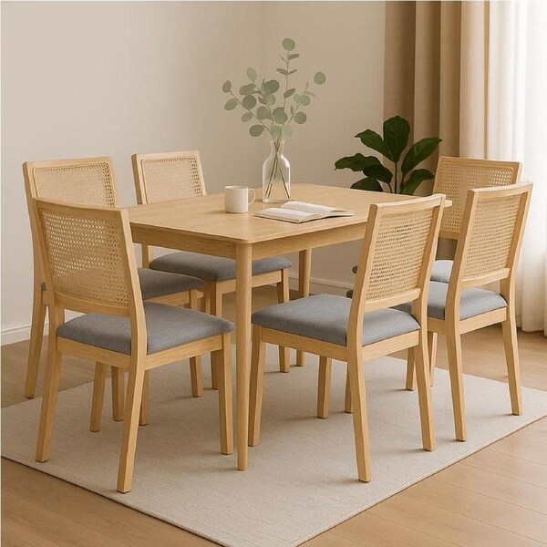 1 Set of 6 Levede Cane Dining Chairs Solid Wood Rattan