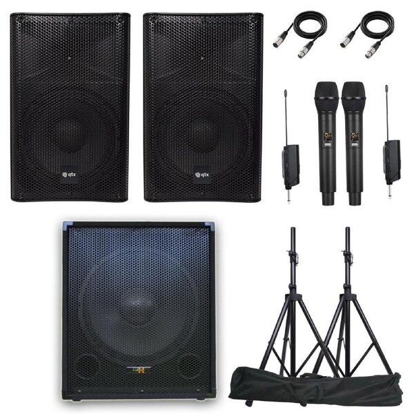 QTX Penta Q158 2760W Bluetooth Vocal Sound System with Linkable Microphones, Stands