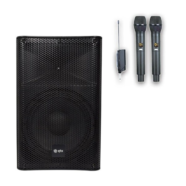 QTX Quest QKS15 Speaker Bluetooth Active Loud Sound System PA with 2 Tunable UHF Microphones
