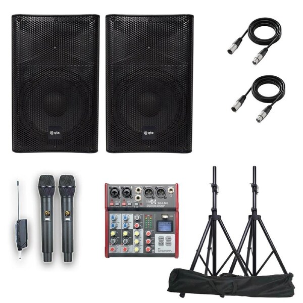 QTX Audius-10 Audio Performance package with Bluetooth PA System Audio Mixer Microphones Stands