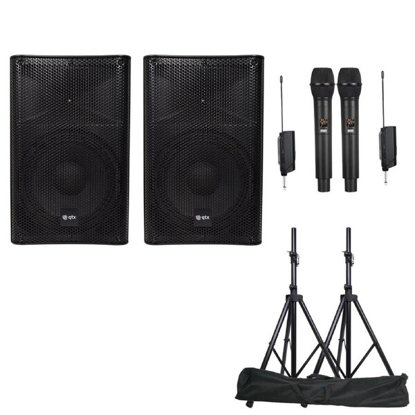 QTX Quest-QUS15 2X15" inch Karaoke Set 1760W Powered Bluetooth TWS Speakers 2 UHF Microphones Stands