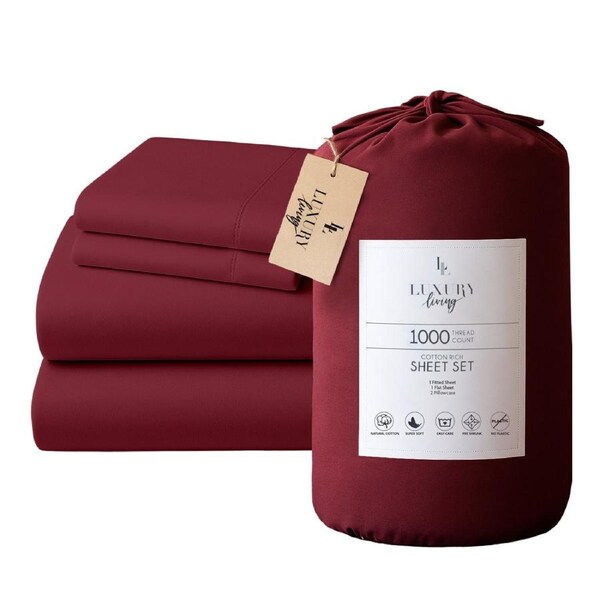 Gift Pack 4pc 1000 Thread Count Cotton Rich Queen Fitted Bed Sheet Set CVC Microfibre Blend - Burgundy