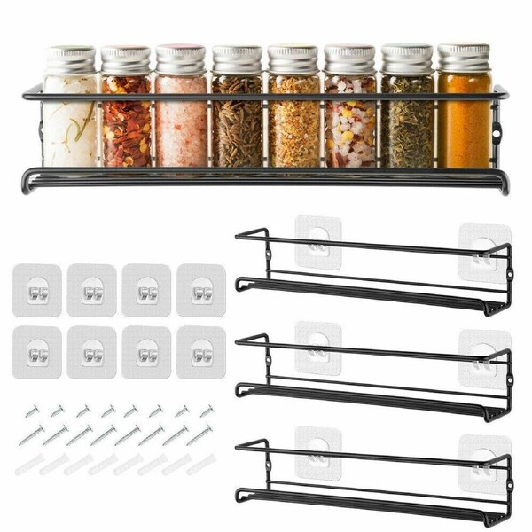 4PCS SET Kitchen Spice Rack Shelves Wall Mount Kitchen Door Jar Storage Organizer
