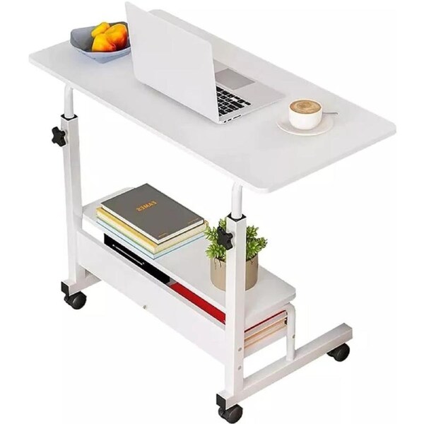 Mobile Desk Height Adjustable Sit to Stand Table Tray Sofa Side Bed Laptop Cart Portable with Wheels Overbed Rolling (Color : White)
