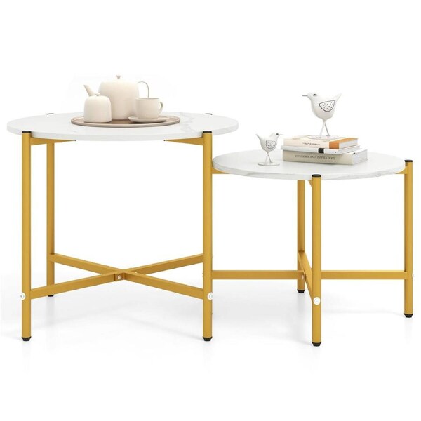 Giantex 2PCS Round Coffee Table 55cm & 65cm Nesting Center Tables Metal Frame End Table Set White