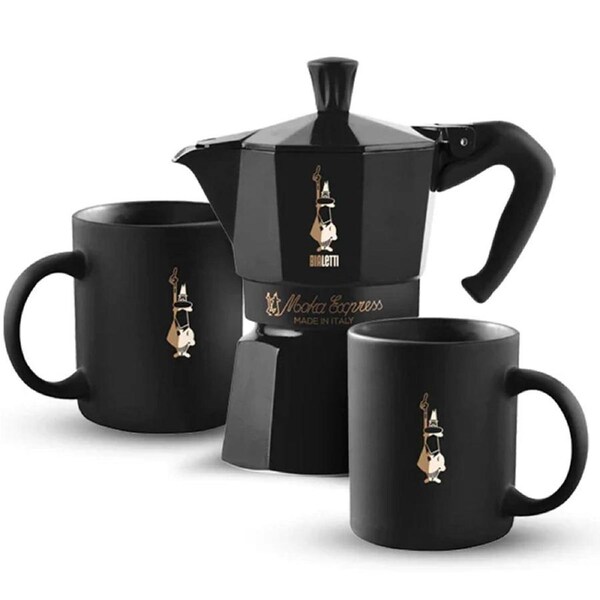 Bialetti Moka Express Black Edition - Moka 6 Cup + 2 Mugs