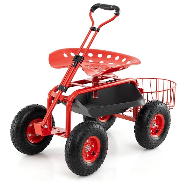 Costway Steerable Garden Cart w/Extendable Handle Adjustable Seat & Rubber Wheels Rolling Stool Seat