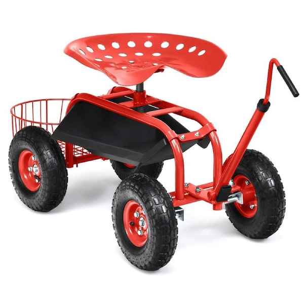 Costway Steerable Garden Cart w/Extendable Handle Adjustable Seat & 4 Rubber Wheels Yard Rolling Stool Seat Red